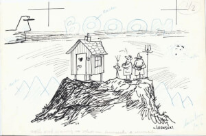 Cartoon van F.M. (Ferdinand) van Wensen, schade aan bouwwerken (leger illustratie)