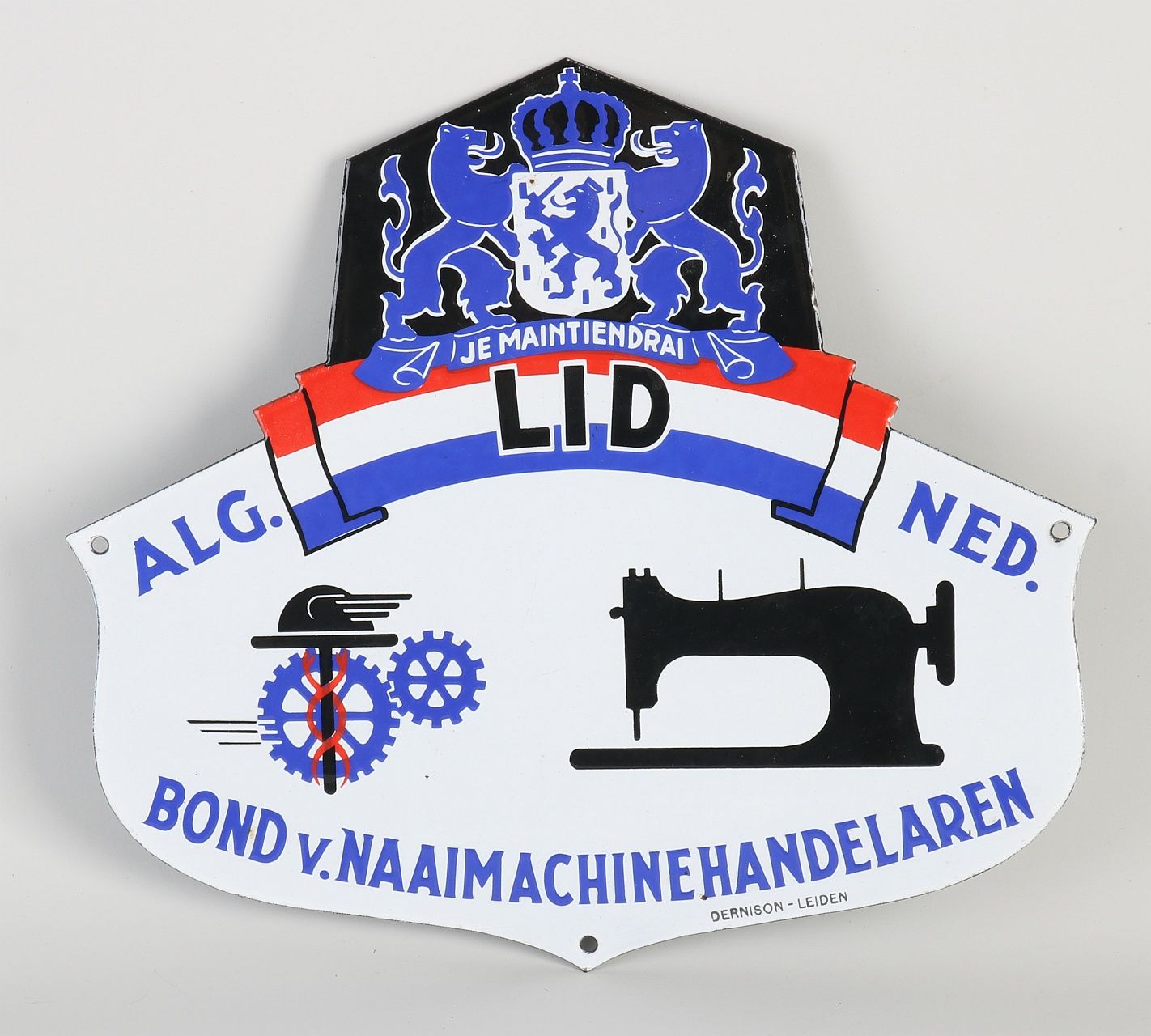 Emaille bord "bond naaimachinehandelaren" door Dernison Leiden 1938