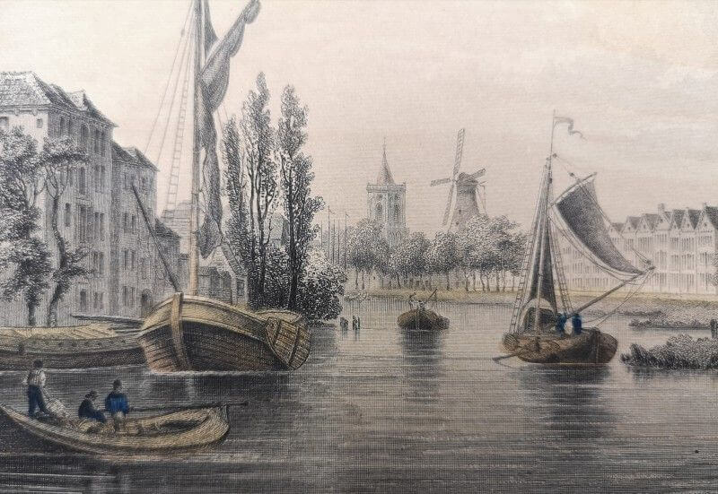 Oud en nieuw Mathenesse, nabij Schiedam Staalgravure 1858 3dehands
