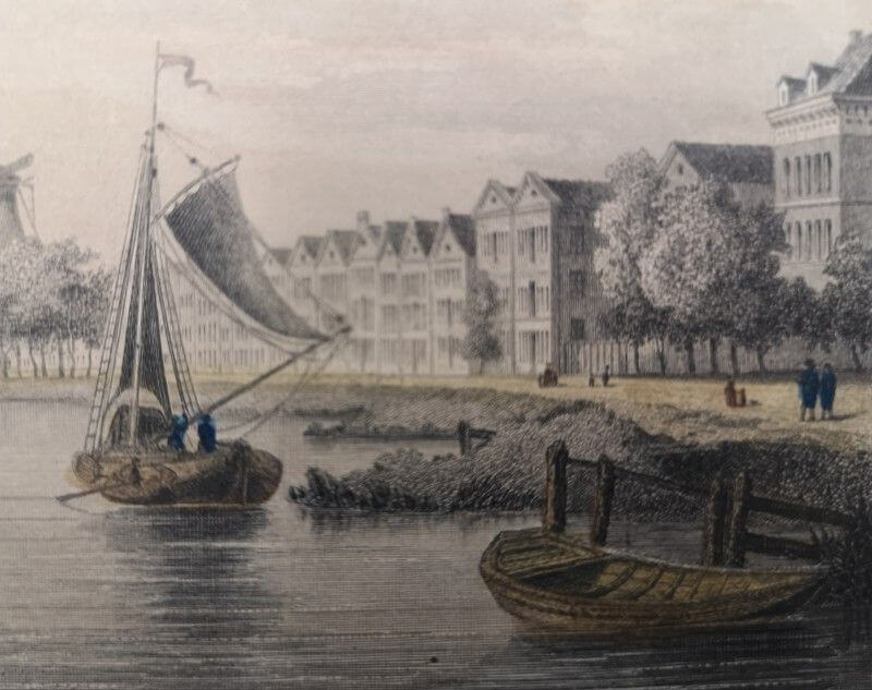 Oud en nieuw Mathenesse, nabij Schiedam Staalgravure 1858 3dehands