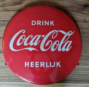 Emaille Coca Cola button /  bord 58 cm doorsnee Langcat Bussem jaren 50
