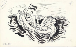 Cartoon van F.M. (Ferdinand) van Wensen, dobberen op zee (leger illustratie)