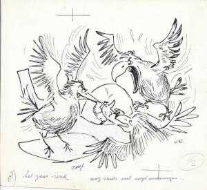 Cartoon van F.M. (Ferdinand) van Wensen, vogel aanvaring (leger illustratie)